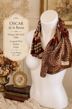 Vintage Oscar de la Renta Silk Scarf 1980s Leopard Print Paisley Stripe 11x50